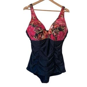 Liquid Assets cinched waist one piece swimsuit size 14 black pink floral